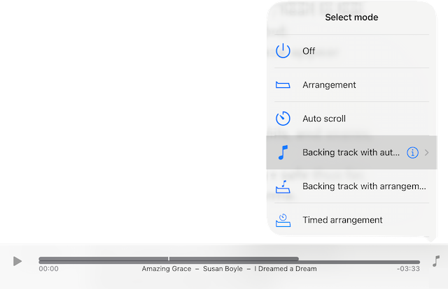 Select mode menu with Backing track with auto scroll selected, showing an info button