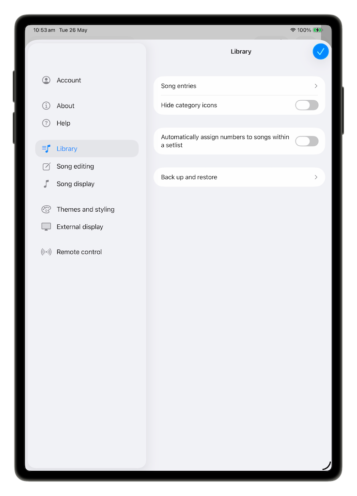 Settings screen with the category sidebar and the Library options panel selected