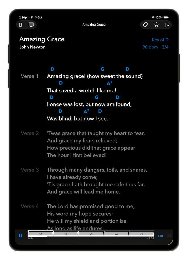 Perform view on iPad showing Amazing Grace in the dark Blackout theme with a stanza timeline