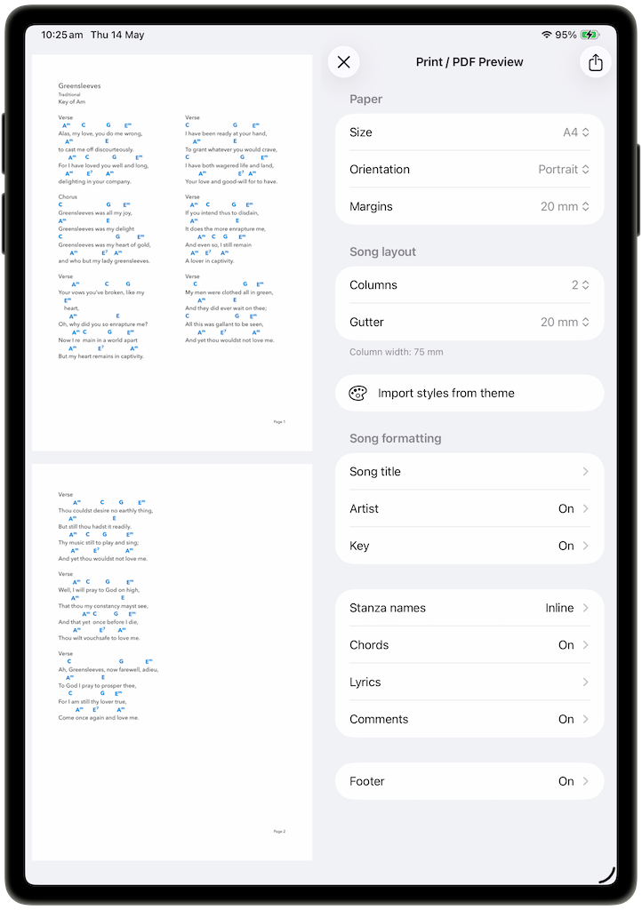 Print / PDF Preview screen with paper, song layout and formatting options beside a page preview