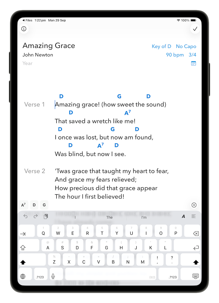 Song editor on iPad showing Amazing Grace lyrics and chords with the chord keyboard open