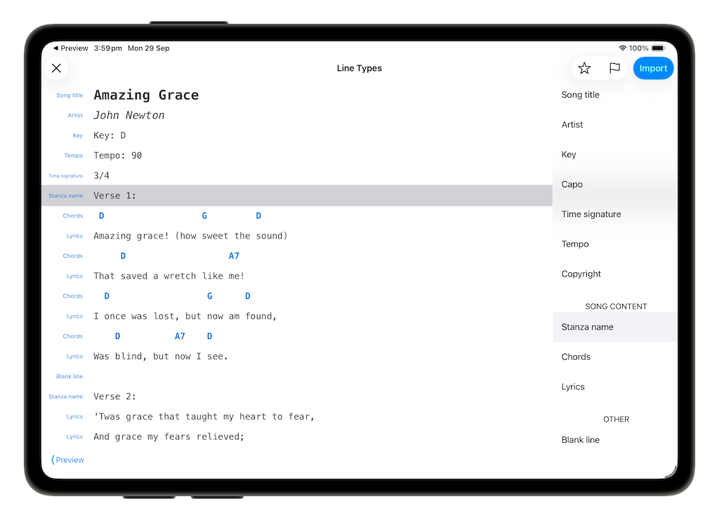 Line Identification view with each line labelled as title, chords, lyrics or stanza name