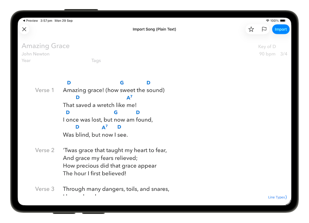 Plain text import preview showing the parsed song with chords above lyrics before importing