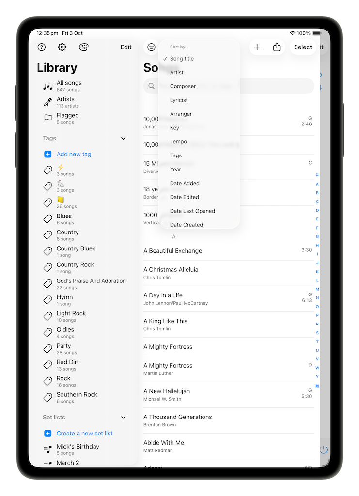 Library sort menu listing Song title, Artist, Composer, Key, Tempo and date options