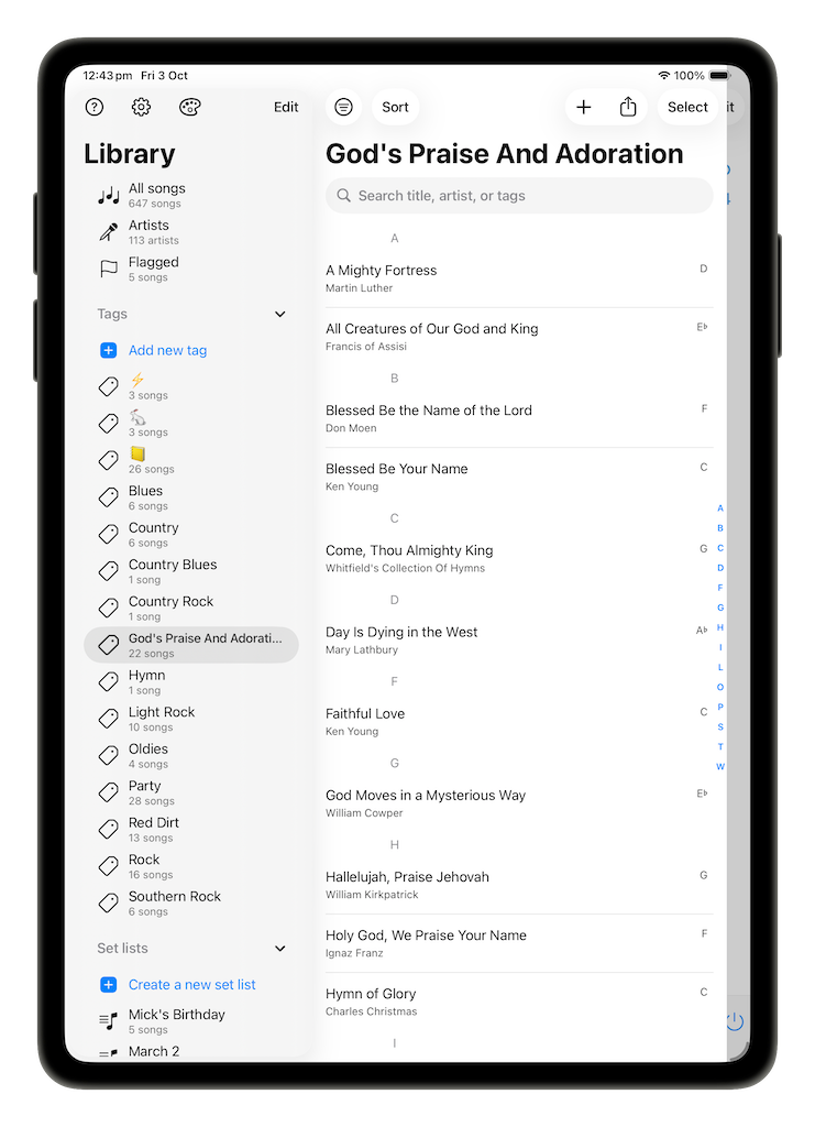 Library sidebar tag selected, filtering the song list to songs with that tag