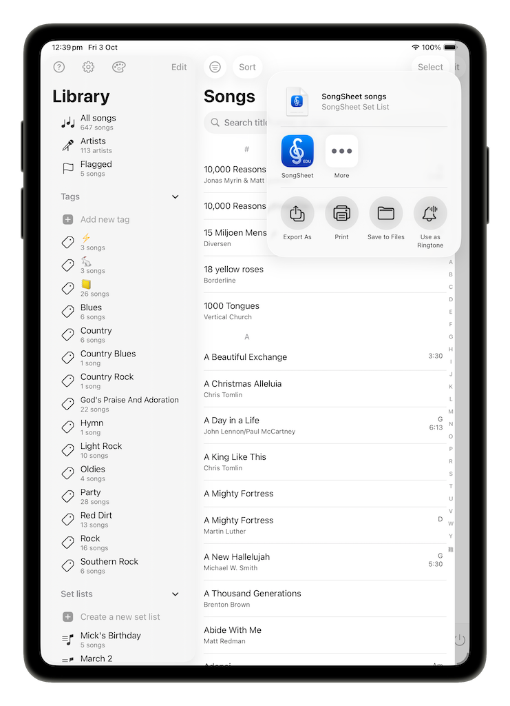 Share popover for the whole library with Export As, Print, Save to Files and Use as Ringtone