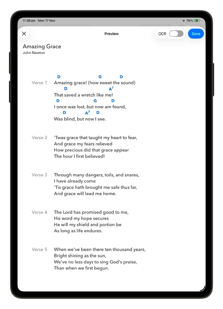 Conversion preview of the extracted song with an OCR toggle and Save button