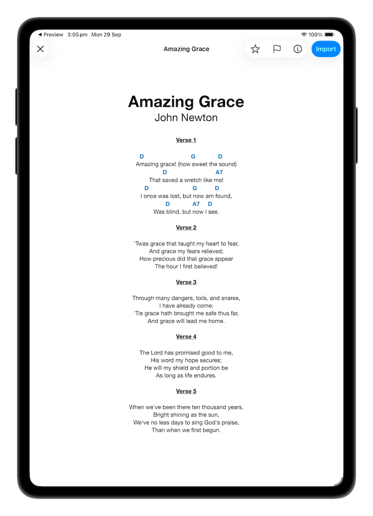 PDF import preview showing the document title and lyrics with an Import button