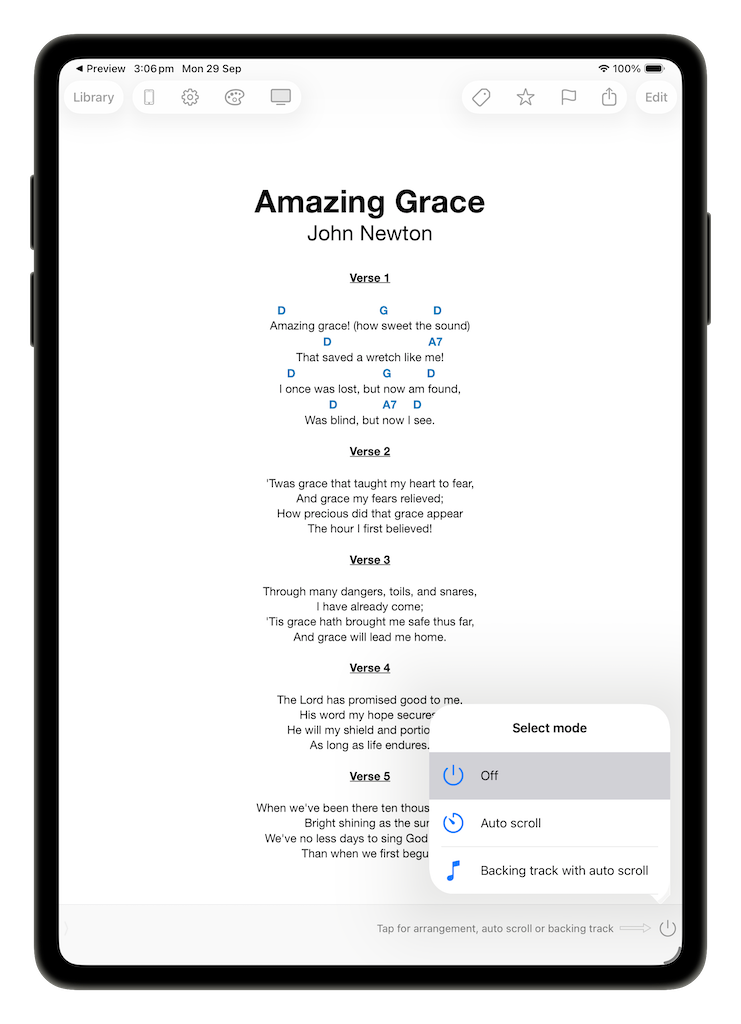 Imported PDF song in the perform view with the Select mode menu offering auto scroll options