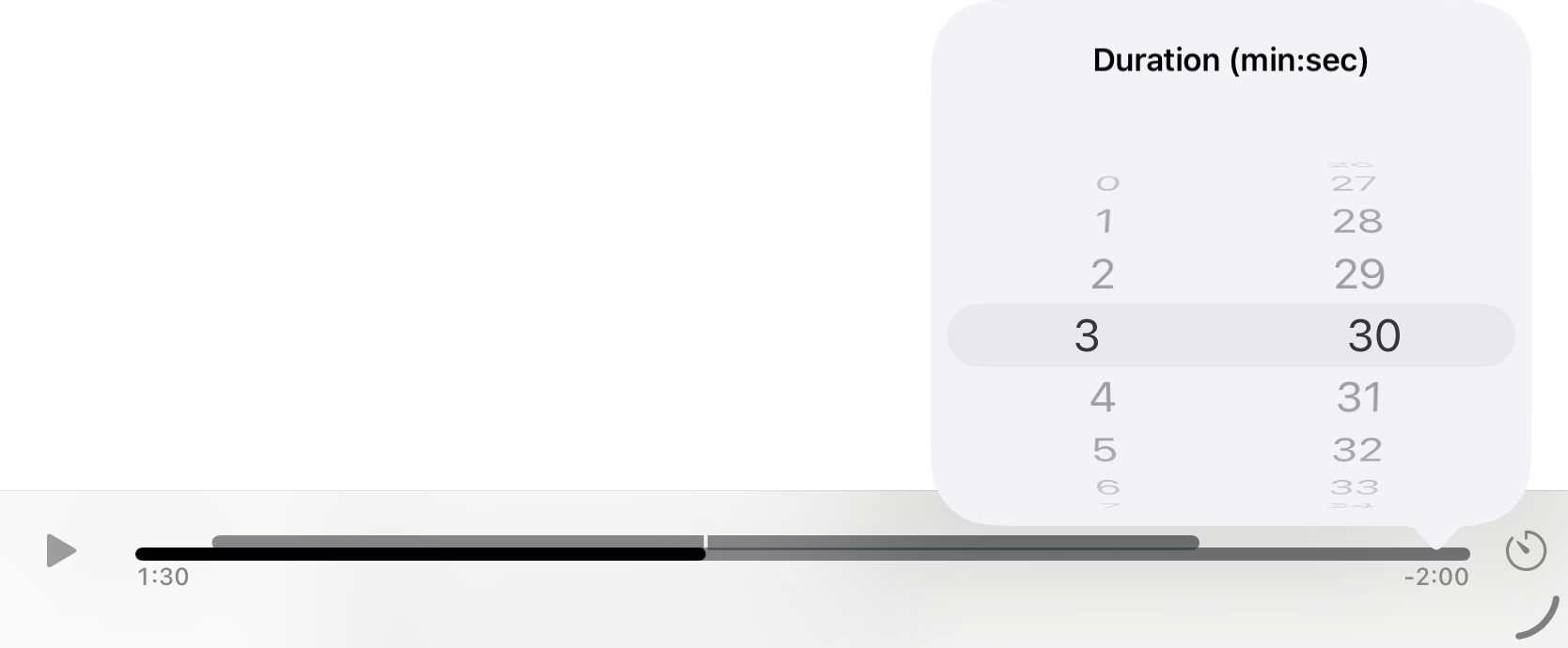 Duration picker popover set to 3 minutes 30 seconds above the auto scroll timeline