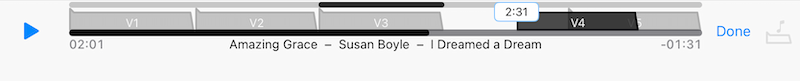 Dragging the V4 backing track marker, with a 2:31 time bubble showing its new start time