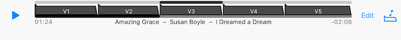 Backing track timeline with V1 to V5 arrangement markers and an Edit button