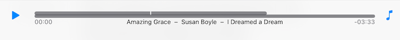 Backing track playback bar showing track title and remaining time, with a music note mode icon