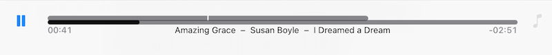 Backing track timeline with auto scroll, showing pause button and elapsed and remaining times