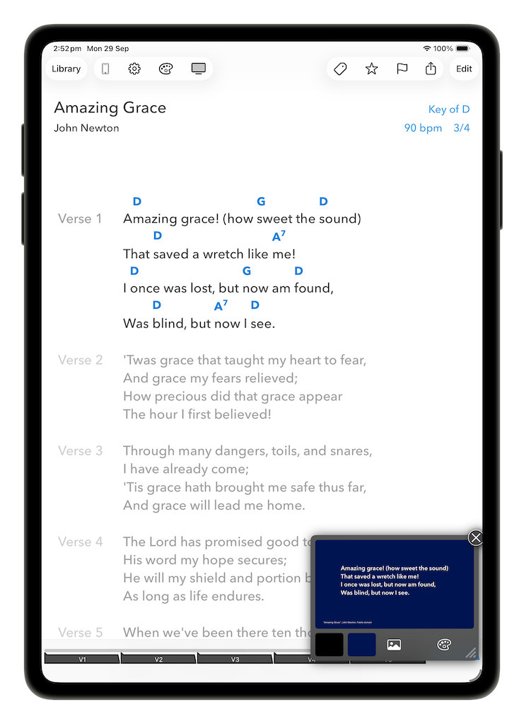 Floating preview window showing the external display output above the song in the perform view