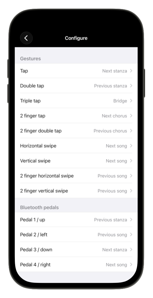 SongSheet Remote Configure screen mapping gestures and Bluetooth pedals to commands