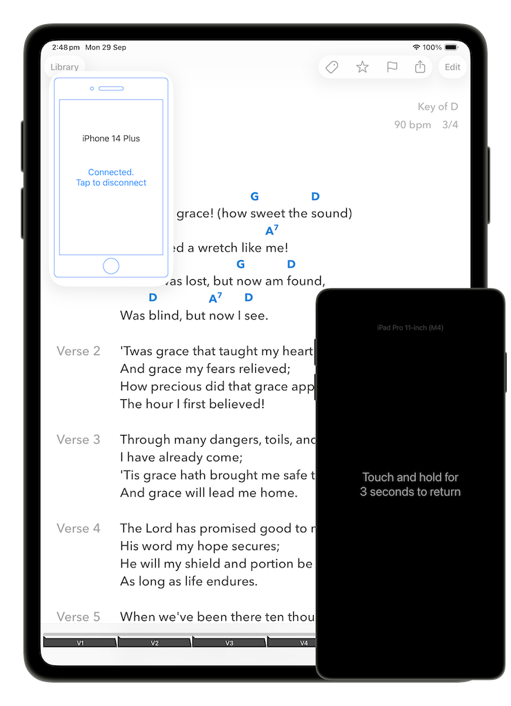 Connection popover showing Connected, tap to disconnect, beside the connected iPhone