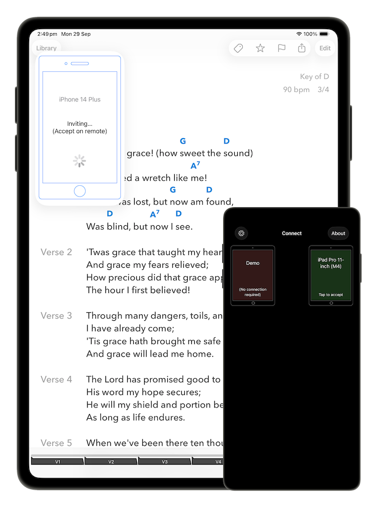 Connection popover showing Inviting while SongSheet Remote waits to accept on the iPhone