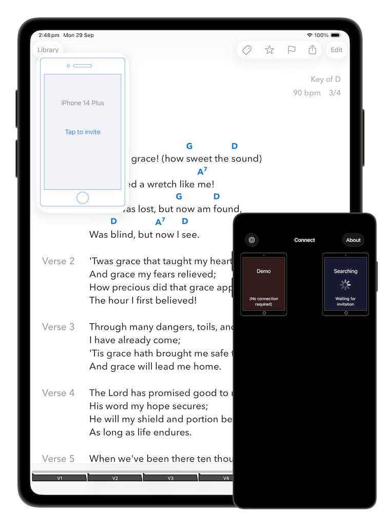 SongSheet Pro connection popover showing a discovered iPhone with Tap to invite