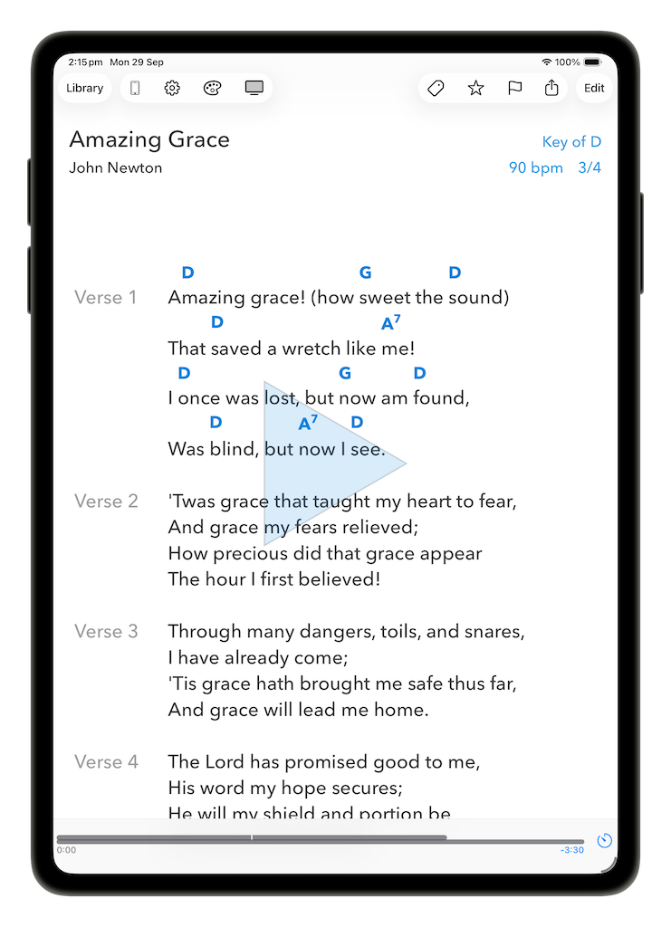 Song lyrics with a large central play button overlaid, turning the whole song into a play control
