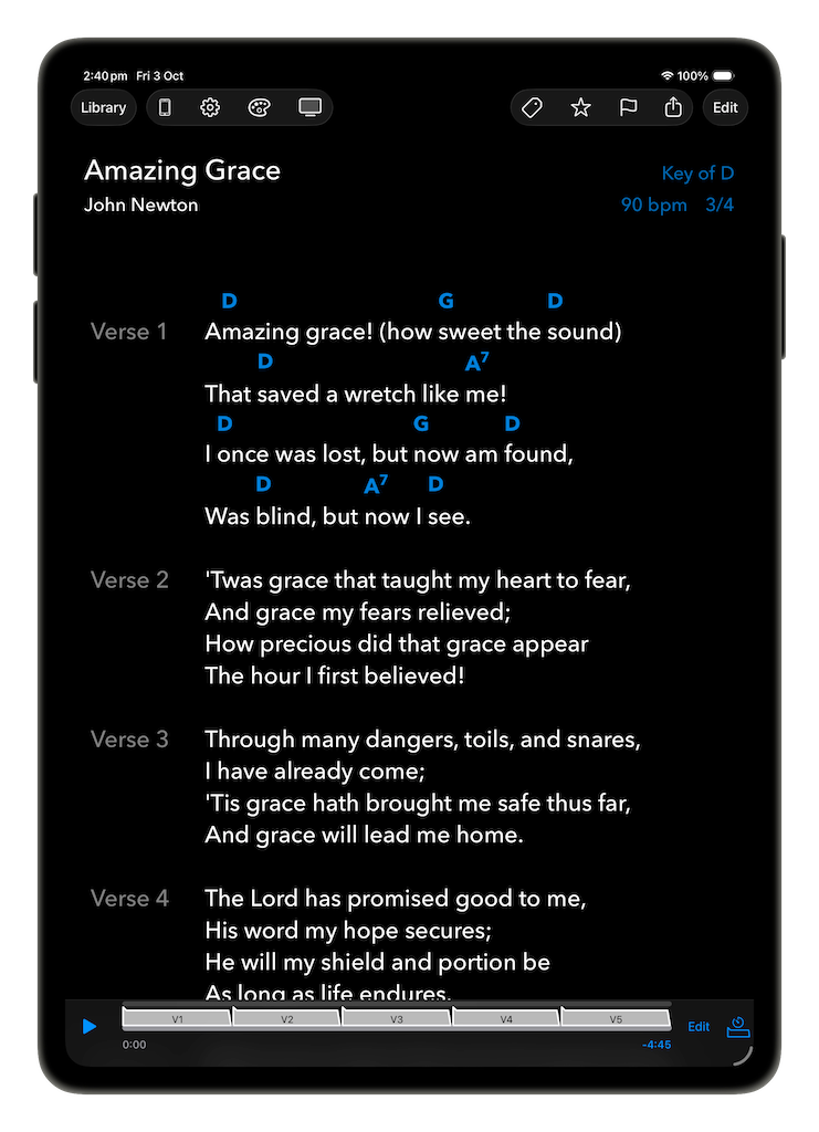 Blackout theme: light lyrics and blue chords on a black background