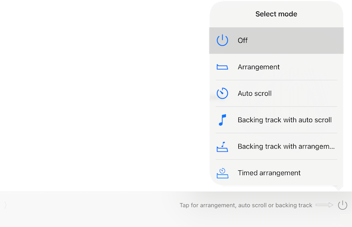 Timeline Select mode menu listing the two backing track options among the timeline modes