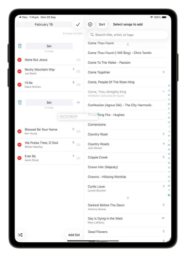Dragging a song from the library list and dropping it into a set in the setlist editor