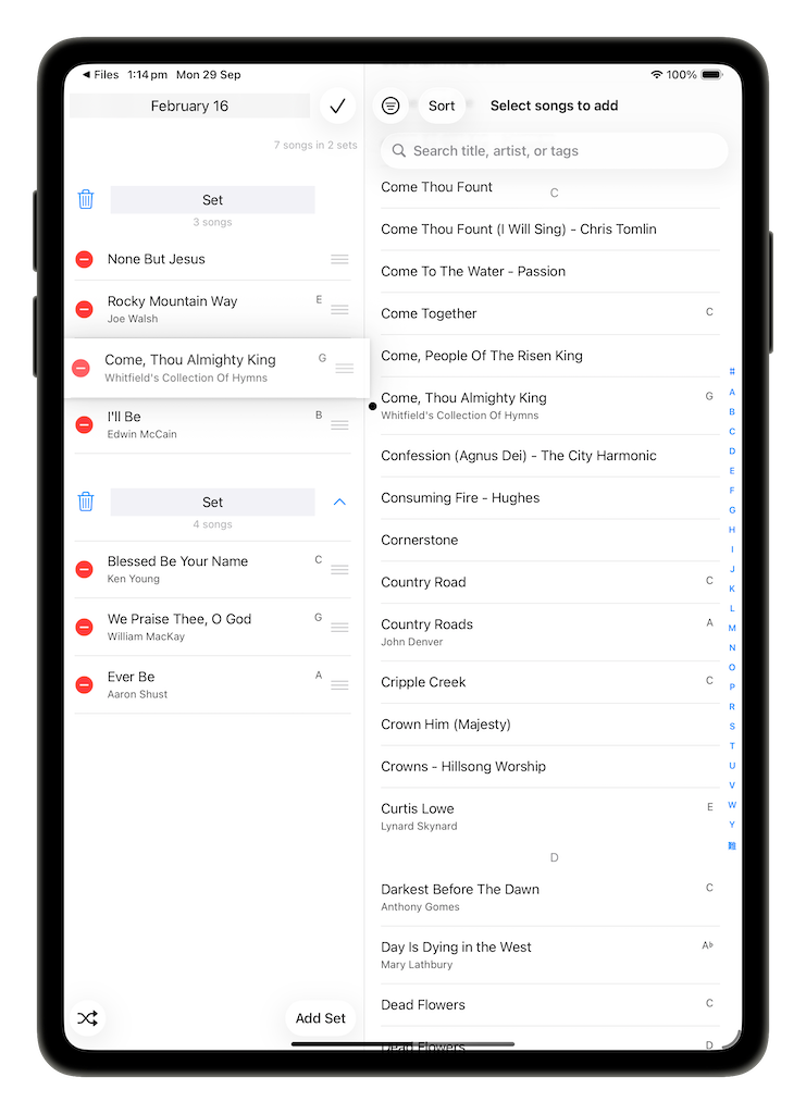 Setlist editor with a song lifted by its drag handle to reorder it within a set