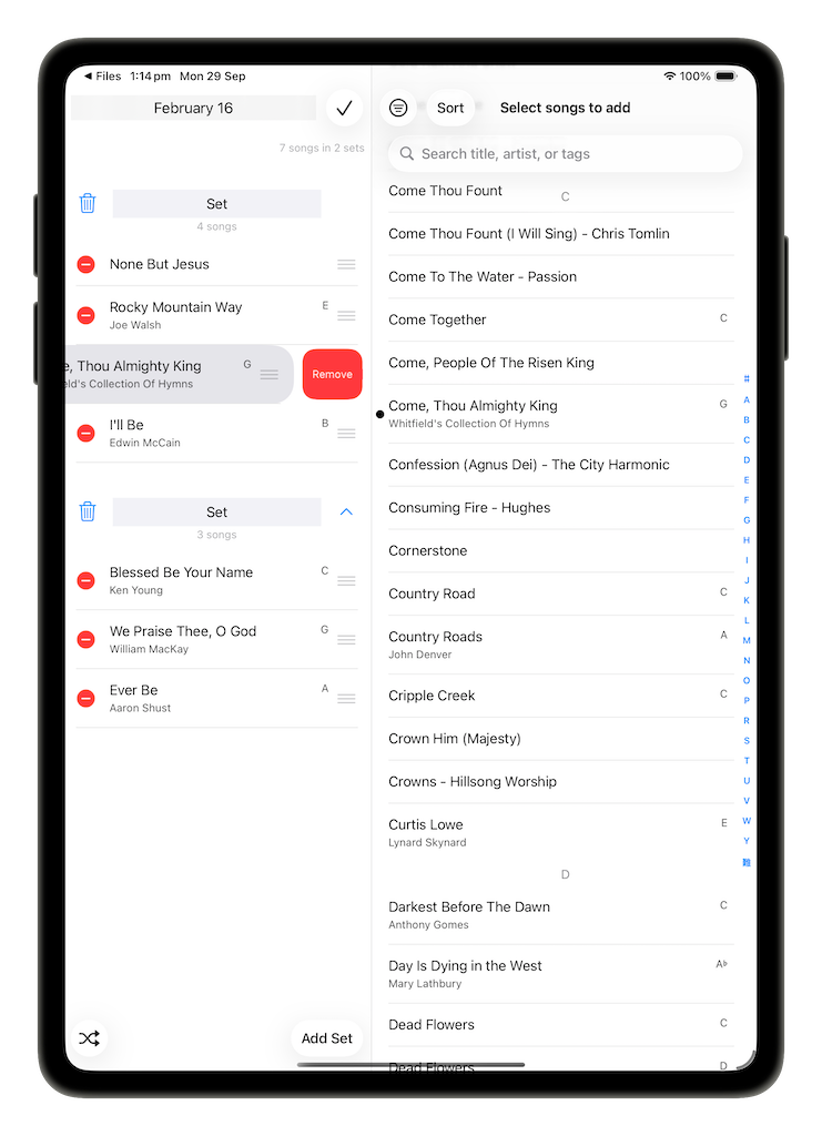 Setlist song swiped to reveal a red Remove button