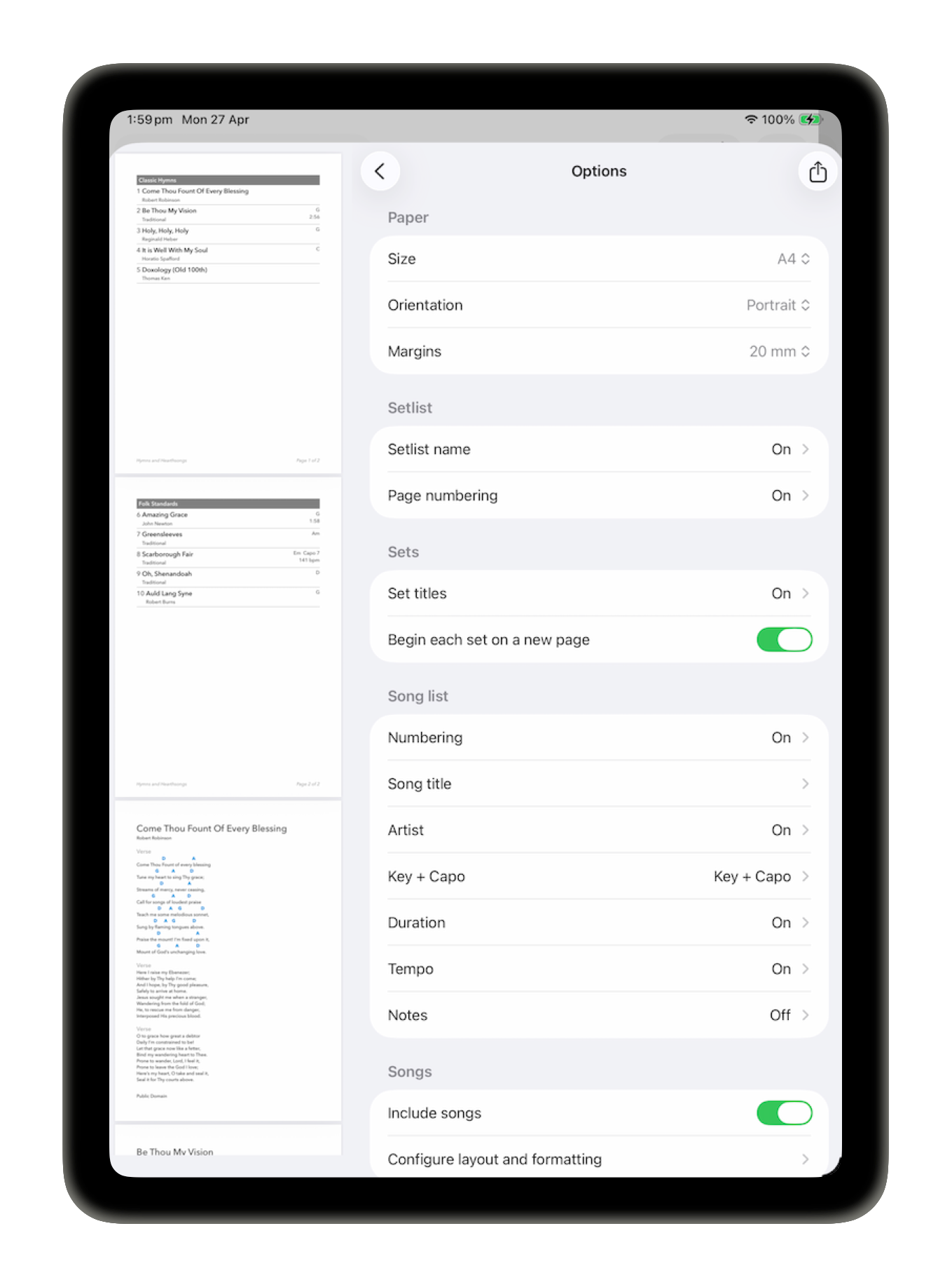 Setlist PDF Options screen with paper, setlist, song list and song formatting settings beside page previews