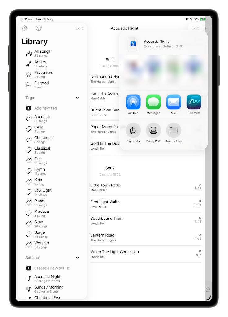 iOS share sheet for a setlist with AirDrop, Messages, Mail and Save to Files options