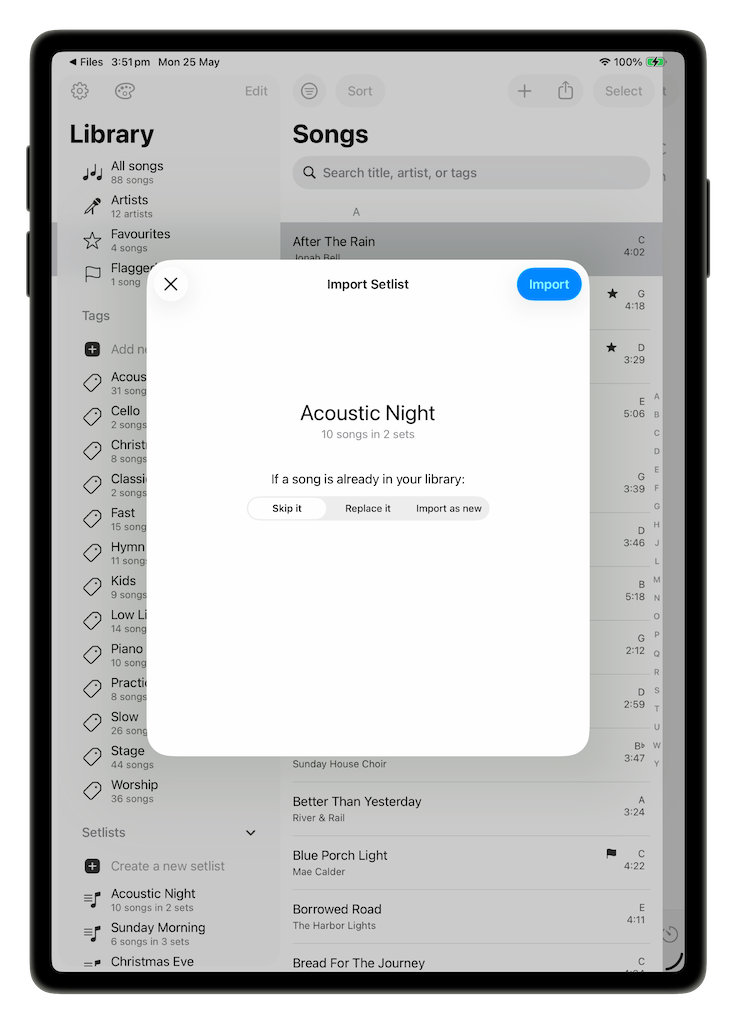 Import Setlist dialog showing the setlist name and Skip, Replace or Import as new choices