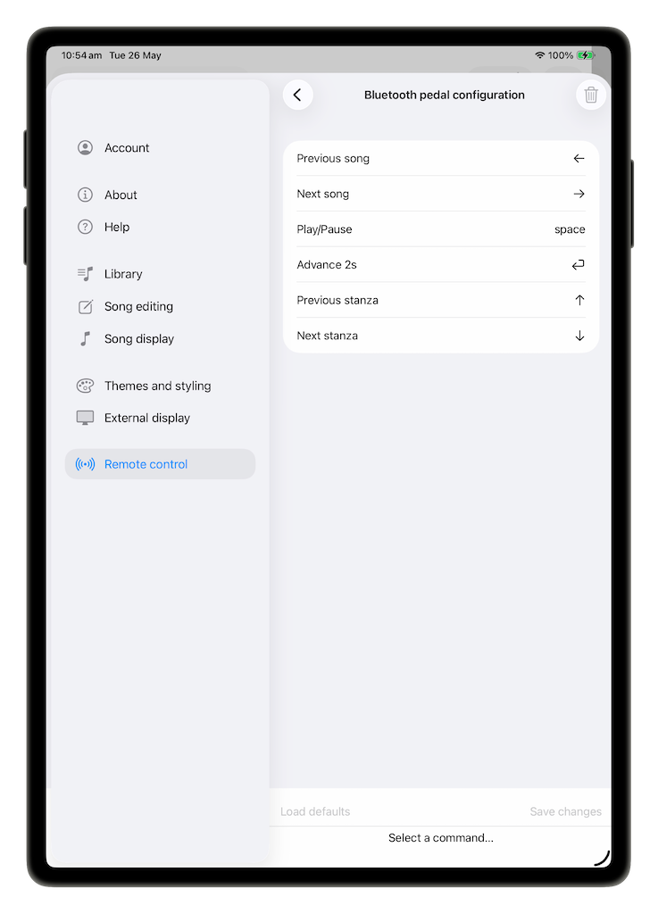 Bluetooth pedal configuration screen mapping commands like Next song and Next stanza to pedals