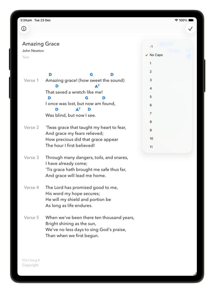 Capo picker listing No Capo and fret numbers from -1 to 11