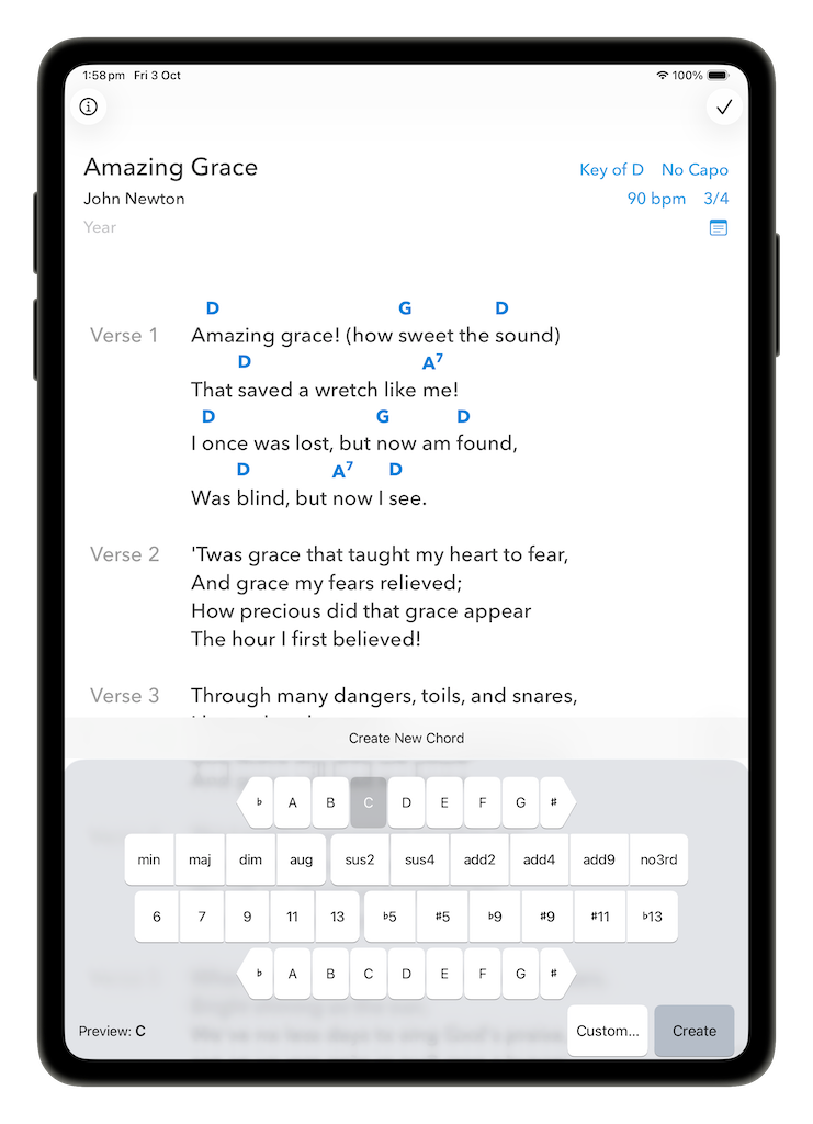 Create New Chord keyboard with root note row and quality buttons like min, maj and sus4