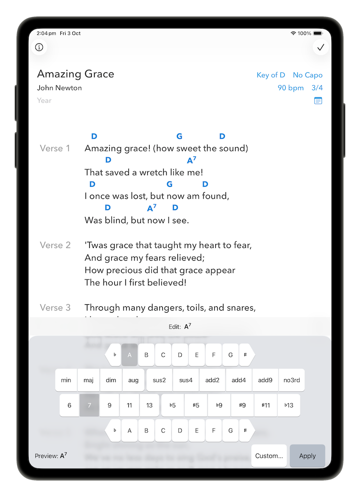Chord editor editing an A7 chord, with an Apply button to update every occurrence