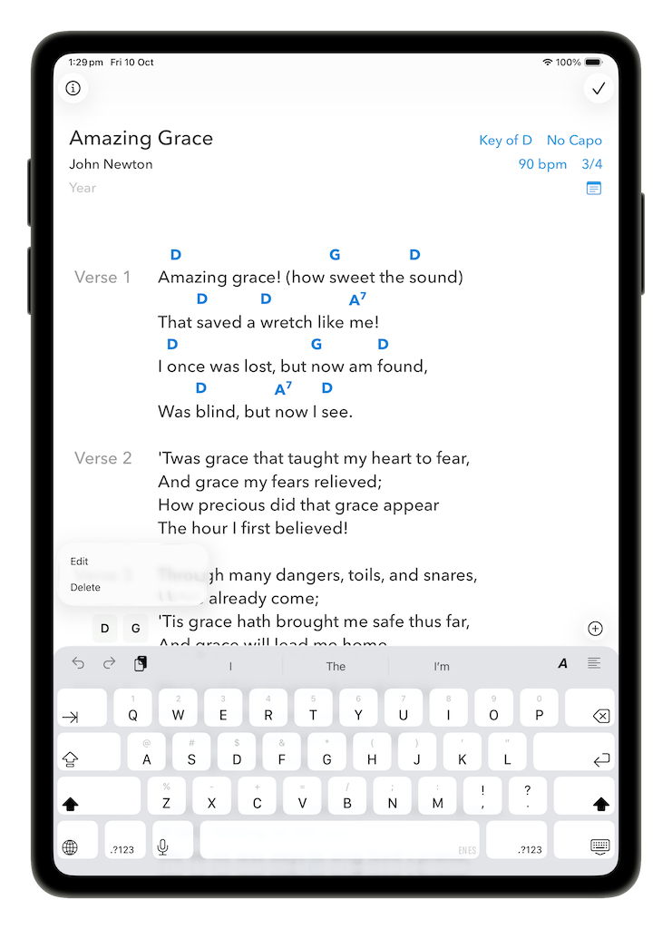 Palette chord long-press menu showing Edit and Delete options