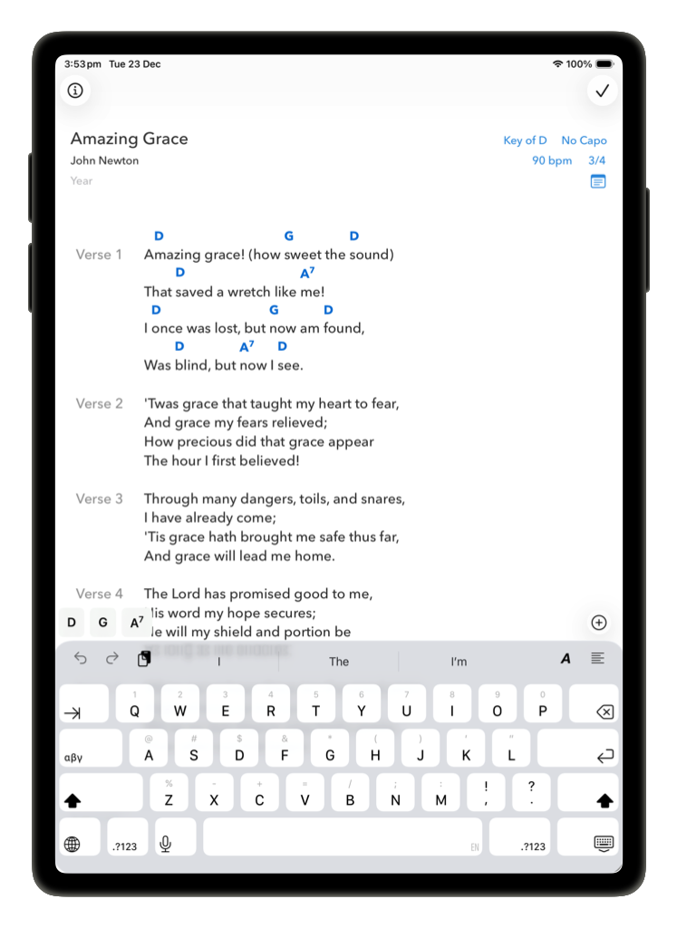 Song editor with a chord palette row added above the on-screen keyboard