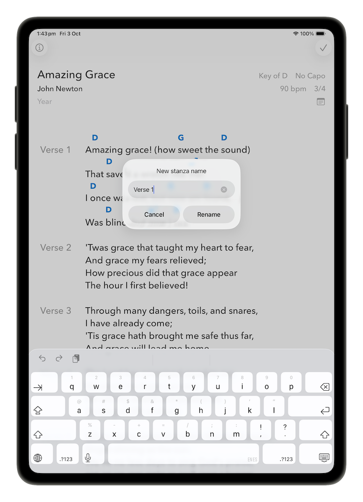 New stanza name dialog with a text field, Cancel and Rename buttons