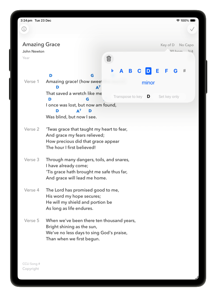 Key editor popover with note buttons, a minor toggle and a Transpose to key option