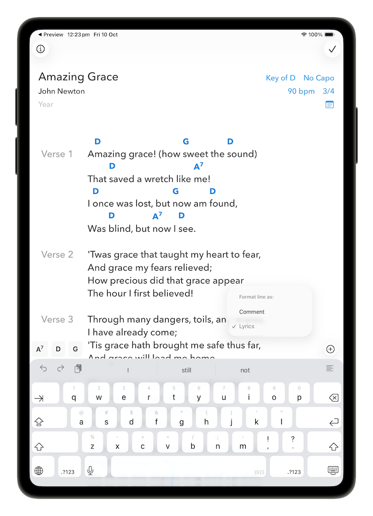 Line format menu offering Lyrics or Comment for the current line