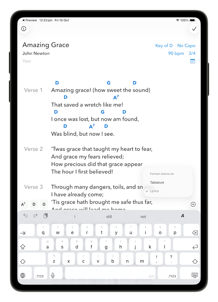 Stanza format menu offering Lyrics or Tablature for the current stanza