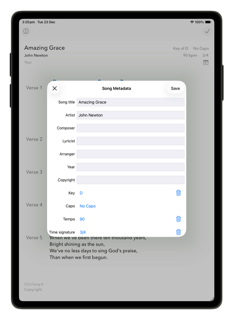 Song Metadata sheet with title, artist, composer, key, capo, tempo and time signature fields
