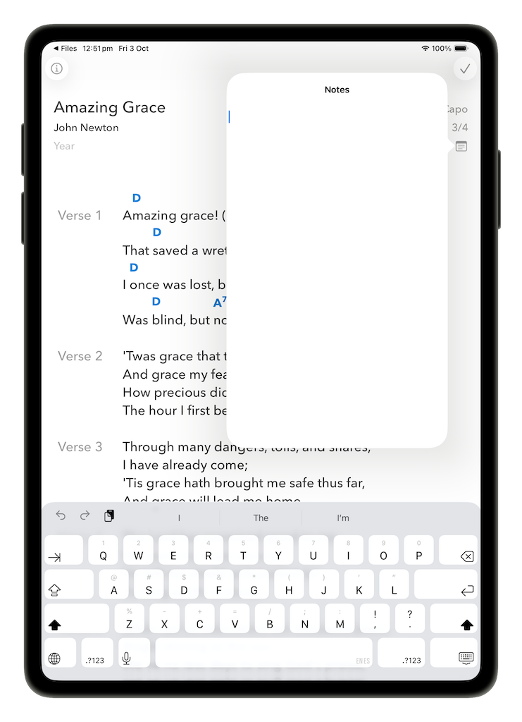 Blank Notes panel open over the song for entering free-form notes