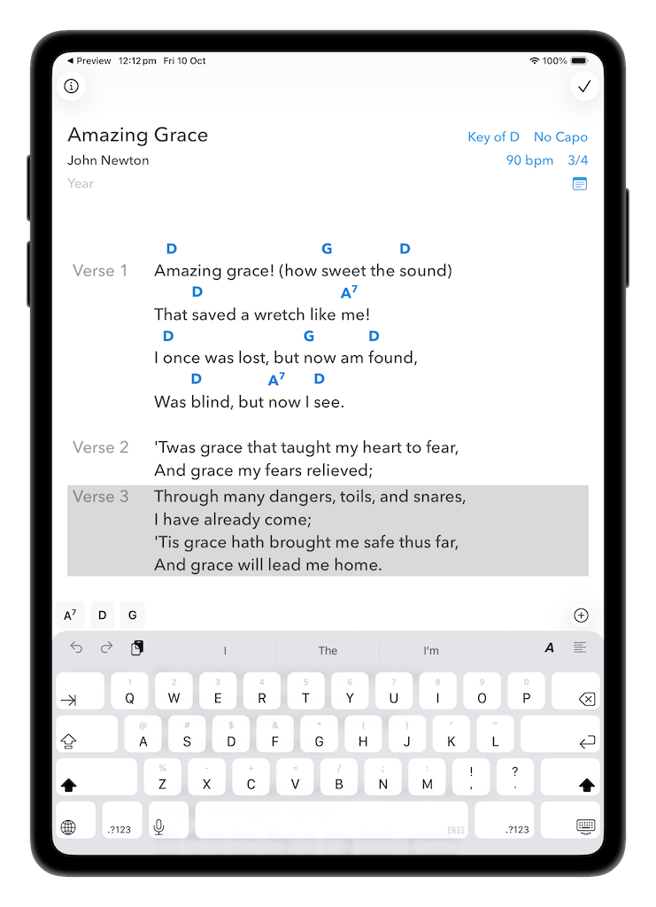 A stanza highlighted and lifted for dragging to reorder it within the song