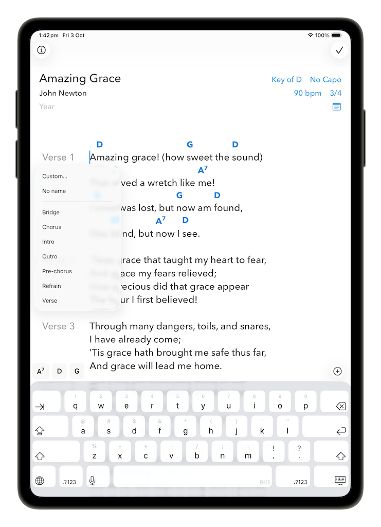 Stanza name menu listing standard names like Verse, Chorus, Bridge and Custom