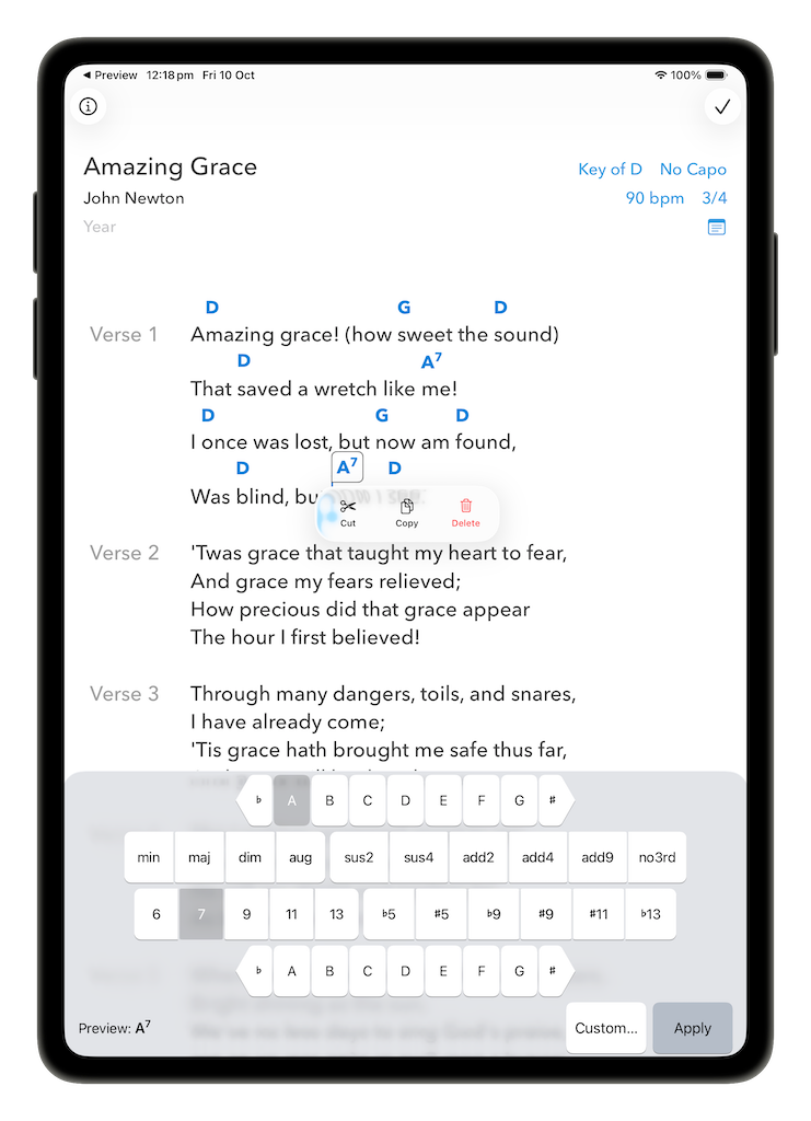 Selected A7 chord in the lyrics showing a Cut, Copy, Delete edit menu