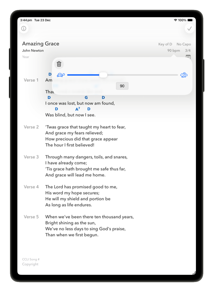 Tempo popover with a slider and a numeric BPM field showing 90