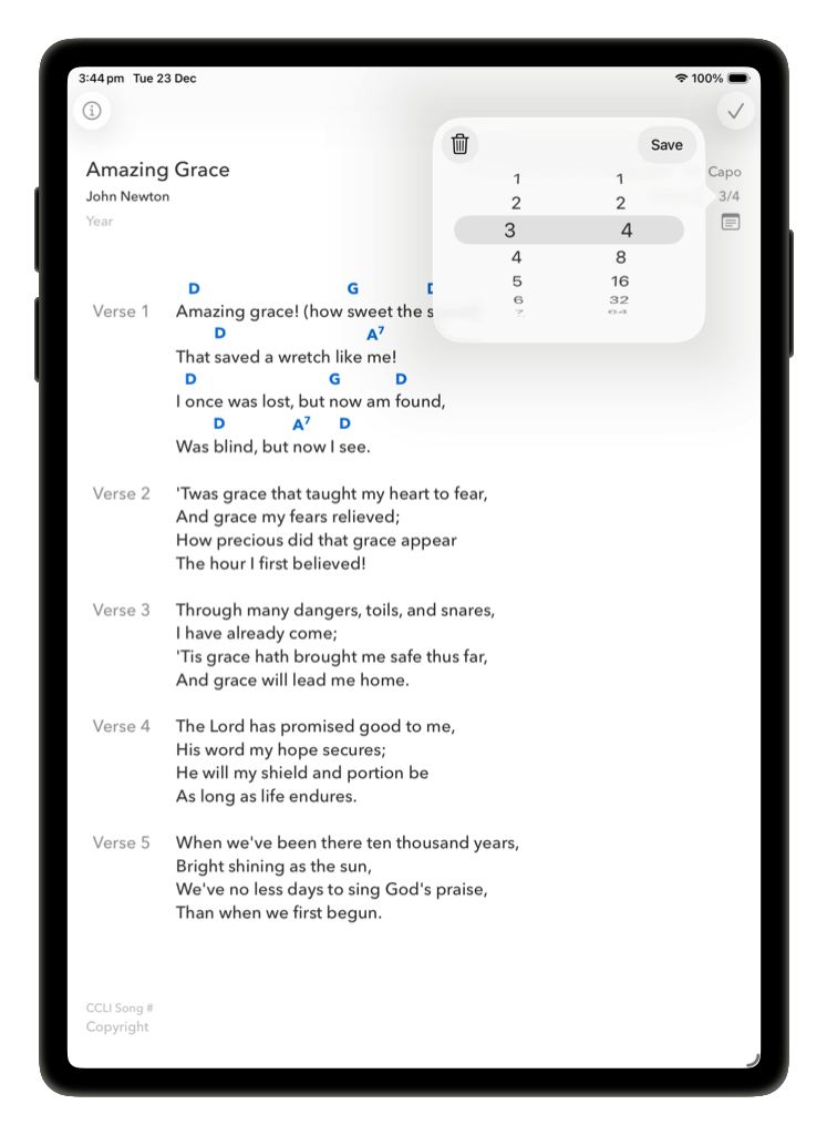 Time signature picker with numerator and denominator wheels set to 3 over 4