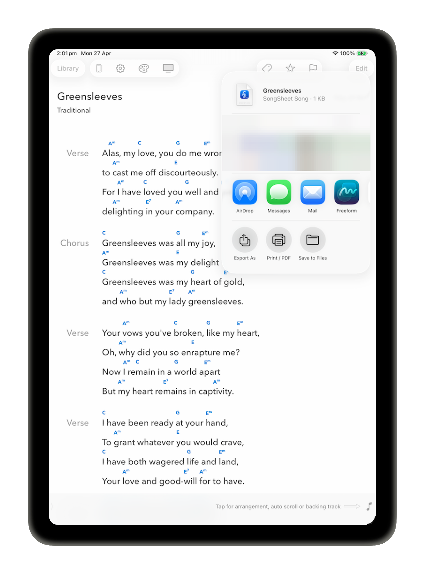 Share popover over a song with Export As, Print / PDF and Save to Files options